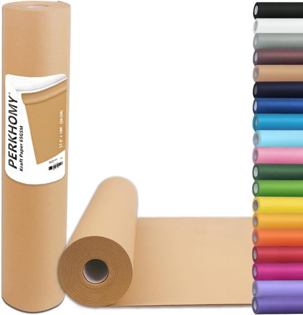 PerkHomy Brown Kraft Paper Roll 17.5" x 1,200" (100') for Gift Wrapping Bulletin Board Craft Art Bouquet Flower Packing Moving Shipping Floor Covering Table 70GSM 50LB (Brown, 17.5" x 100')-0