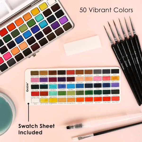 Grabie 50 Colors Watercolor Paint Set, Detail Paint Brush Included, Watercolor Paints, Painting Sets, Art Supplies for Painting, Travel Watercolor Set, Amateur Hobbyists paint by number