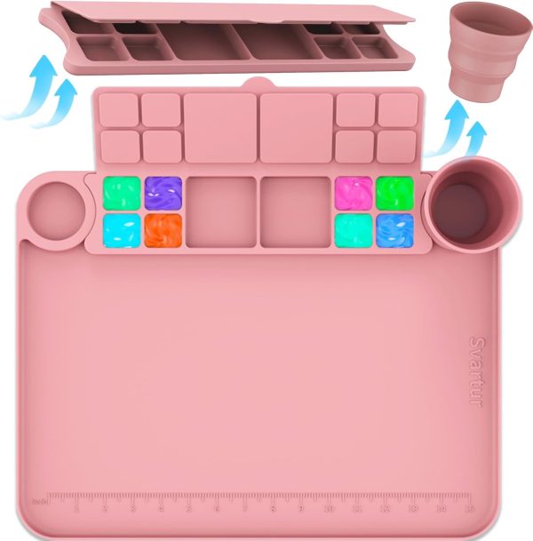 Silicone Art Mat - 17" X 13" With Cup and Palette, Raised Edge for Craft, Artist Creator Mat for Resin DIY, Coral Pink-0