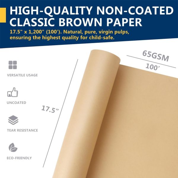 PerkHomy Brown Kraft Paper Roll 17.5" x 1,200" (100') for Gift Wrapping Bulletin Board Craft Art Bouquet Flower Packing Moving Shipping Floor Covering Table 70GSM 50LB (Brown, 17.5" x 100')-3
