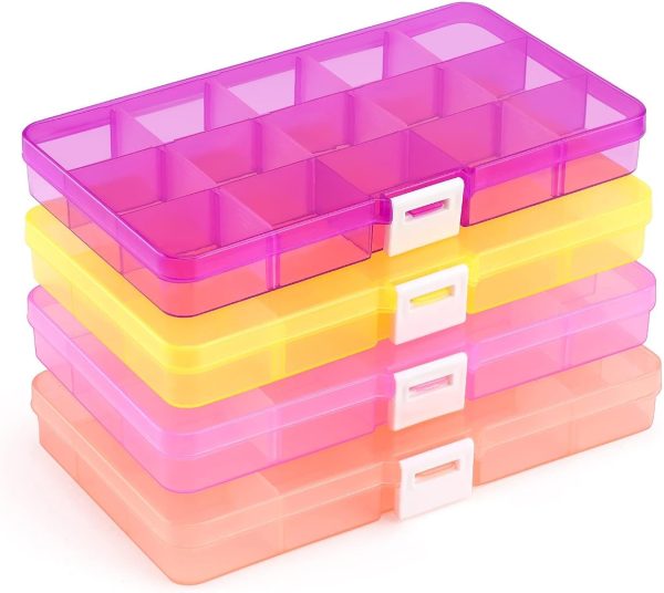 Opret 15 Girds SMALL Jewelry Organizer Earring Storage(4 Pack), Bead Organizer Box, Plastic Container with Adjustable Dividers for Crafts Jewelry Screws Fishing Tackles Small Items, Size 6.9×3.9×0.9in-0