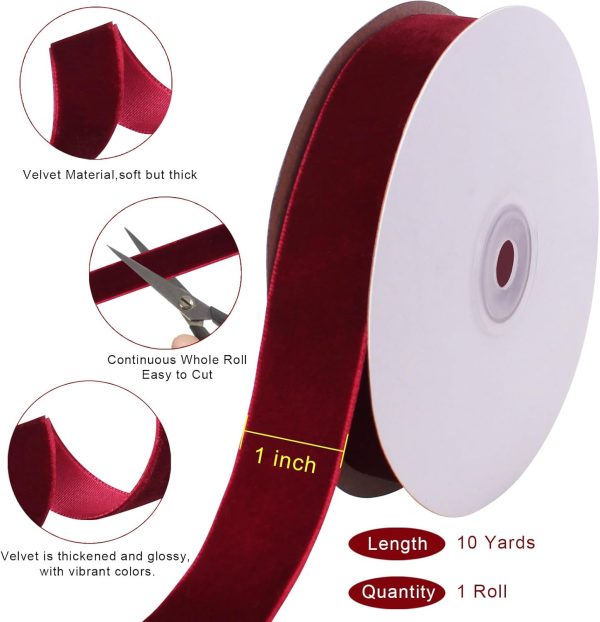 10 Yards Burgundy Velvet Ribbon 1 Inch for Christmas Tree,Dark Red Velvet Christmas Ribbon for Gift Wrapping Crafts Bow Wreath Holiday Decorations (Burgundy)-2