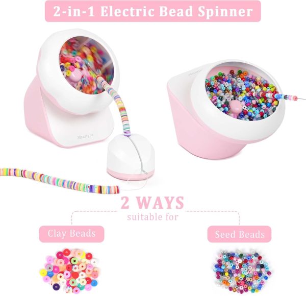 Myartype Clay Bead Spinner and Seed Bead Spinner, 2-in-1 Electric Bead Spinner for Jewelry Making, Bracelet Spinner and Necklace Making Machine with Bead Needles and Thread (Pink)-1