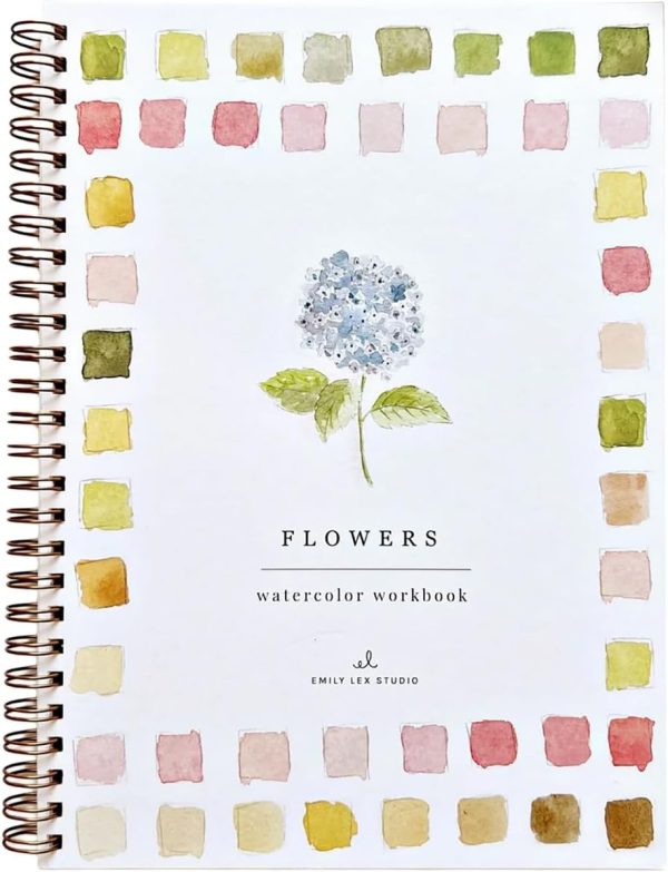 Flowers Watercolor Workbook by Emily Lex Studio, 12 Beginner Friendly Sketched Illustrations, Lay Flat Spiral Pages, 6.5 x 9 inch, 120lb Watercolor Paper-0
