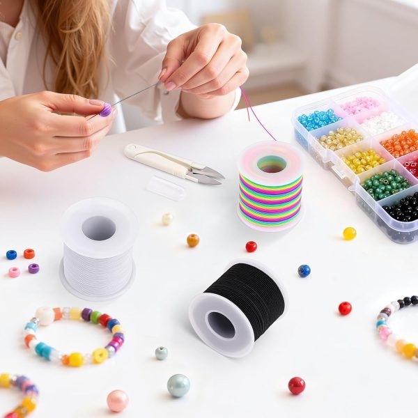 Stretchy Bracelet String Kit with Scissors & Beading Needle, 4 Rolls Elastic String for DIY Crafts, 1mm Stretchy Cord for Jewelry Making Sewing Necklace Beading, 660FT, (Black, White, Rainbow)-4