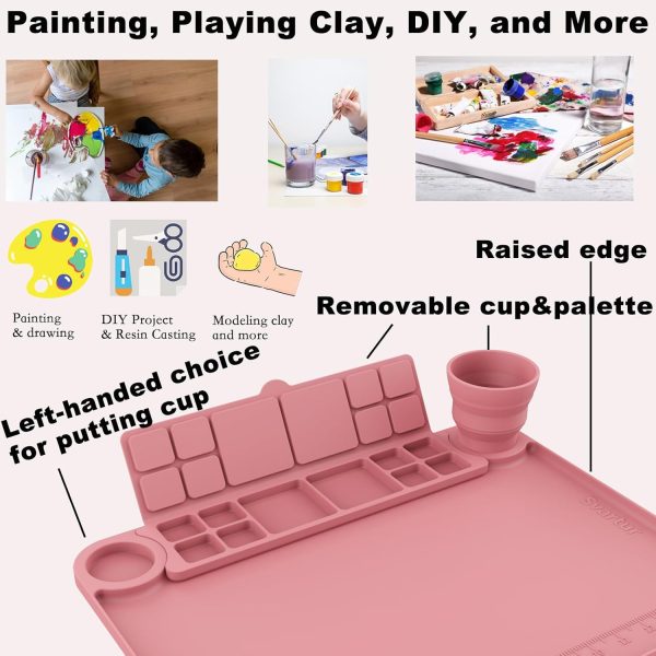 Silicone Art Mat - 17" X 13" With Cup and Palette, Raised Edge for Craft, Artist Creator Mat for Resin DIY, Coral Pink-4