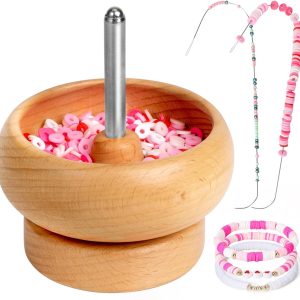 Tilhumt Bead Spinner for Jewelry Making, Effortless Rotating Wooden Clay Bead Spinner with 2 Big Eye Beading Needles and 3000 Seed Beads, Beading Supplies for Making Waist, Bracelets, Necklace-0