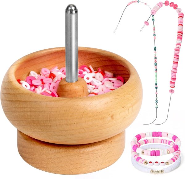 Tilhumt Bead Spinner for Jewelry Making, Effortless Rotating Wooden Clay Bead Spinner with 2 Big Eye Beading Needles and 3000 Seed Beads, Beading Supplies for Making Waist, Bracelets, Necklace-0