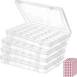 4pack 36 Grids Plastic Clear Organizer Box Bead Storage Containers with Adjustable Dividers for Craft Jewelry Fishing Tackles Parts Storage with 4 Sheets Label Stickers-0