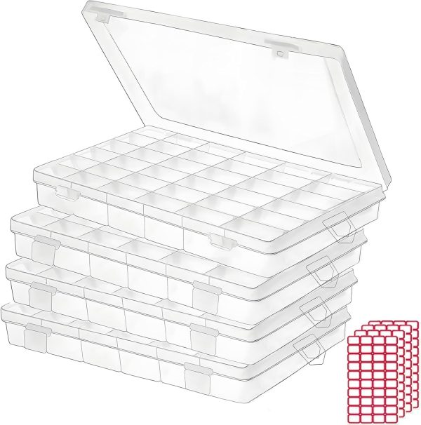 4pack 36 Grids Plastic Clear Organizer Box Bead Storage Containers with Adjustable Dividers for Craft Jewelry Fishing Tackles Parts Storage with 4 Sheets Label Stickers-0