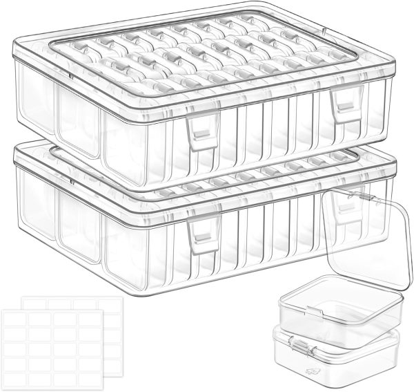 Bead Organizer Box, 60 Pcs Small Clear Plastic Bead Storage Cases, Mini Rectangle Storage Containers with Hinged Lids and Labels for DIY Art Craft Jewelry Bracelet Making-0