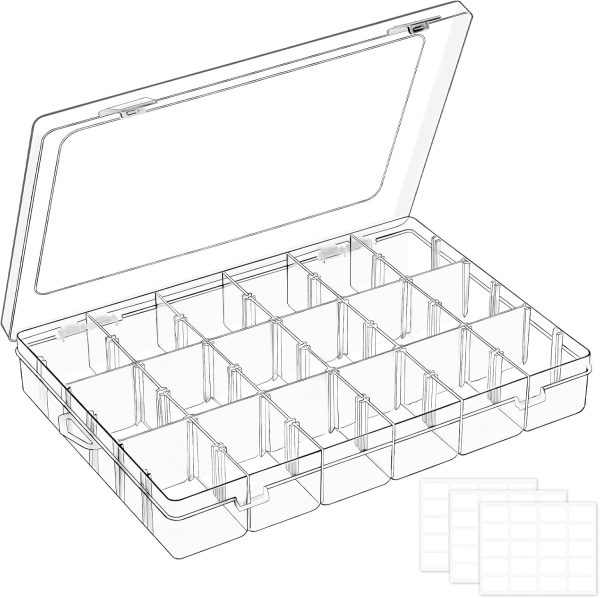 18 Grids Large Plastic Organizer Box with Adjustable Dividers, Clear Compartment Storage Container Tackle Box with Label Stickers for Beads, Crafts, Jewelries, Tools-0
