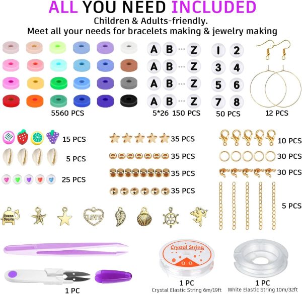Gionlion 6000 Clay Beads Bracelet Making Kit, 24 Colors Flat Preppy Beads for Friendship Bracelets, Polymer Clay Bead with Charms for Jewelry Making, Crafts Gifts for Girls Ages 6-12-2