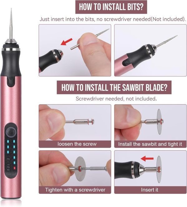 Electric Engraving Pen with 37 Bits, USB Rechargeable Cordless Engraving Machine, Portable DIY Rotary Engraver for Jewelry Wood Glass Stone Carving (Rose red)-3
