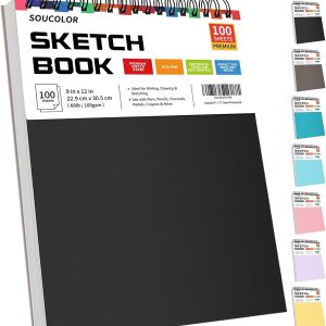 Soucolor Sketch Book, Spiral Bound Acid-Free Sketchbook with 68lb/100gsm for Paper Painting, Drawing, Writing, Artist Sketching Pad for Kids, Adults & Teens, 100 Sheets (Black, 9 x 12 Inch, Pack of 1)-0