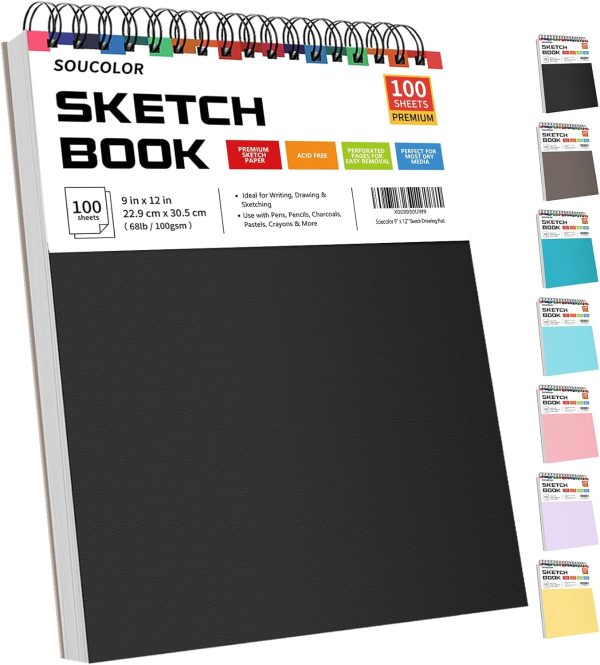 Soucolor Sketch Book, Spiral Bound Acid-Free Sketchbook with 68lb/100gsm for Paper Painting, Drawing, Writing, Artist Sketching Pad for Kids, Adults & Teens, 100 Sheets (Black, 9 x 12 Inch, Pack of 1)-0