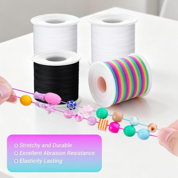 Stretchy Bracelet String Kit with Scissors & Beading Needle, 4 Rolls Elastic String for DIY Crafts, 1mm Stretchy Cord for Jewelry Making Sewing Necklace Beading, 660FT, (Black, White, Rainbow)-3