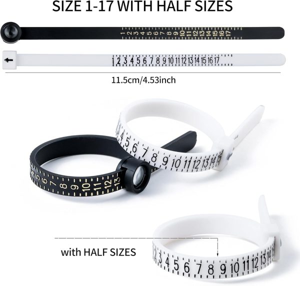 Bflaae Ring Sizer Measuring Tool Kit, 27 PCS Stainless Steel Measuring Ring Tool, US Ring Size 0-13 with Half Size, 2 PCS Reusable Finger Size Tape with Magnified Glass 1-17 USA Rings Size-2
