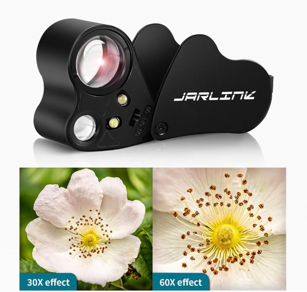 JARLINK 30X 60X Illuminated Jewelers Loupe Magnifier, Foldable Jewelry Magnifier with Bright LED Light for Gems, Jewelry, Coins, Stamps, etc-2