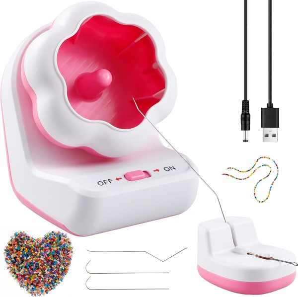 Electric Bead Spinner with Base,Automatically Clay Bead Spinner with 2 Needles Fast Beading Bead Spinner Machine Effortless Electric Bead Bowl Spinner for Jewelry Making DIY Bracelets Necklaces (Pink)-0
