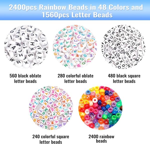Quefe 3960pcs Pony Beads for Friendship Bracelet Making Kit 48 Colors Kandi Beads Set, 2400pcs Plastic Rainbow Bulk and 1560pcs Letter Beads with 20 Meter Elastic Threads for Craft Jewelry Necklace-2