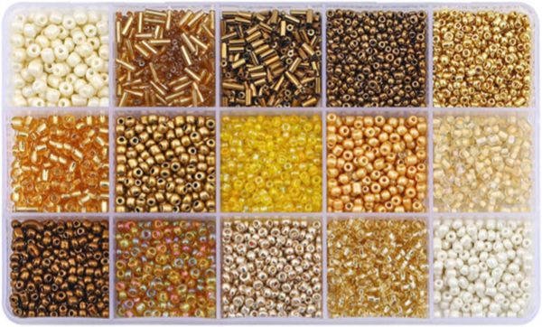 Basigeese Mix 15 Color Glass Seed Beads Tube Beads Glass Bugle Beads Loose Kit for Jewelry Making DIY Craft Beading (Mix 15 Color, Gold)-0