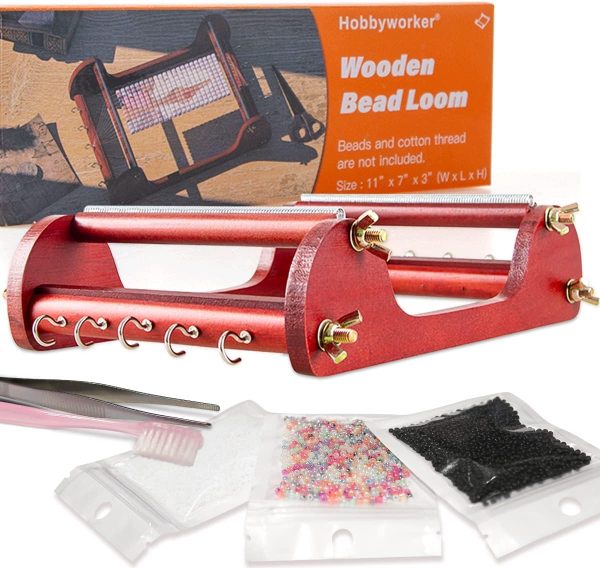 hobbyworker The Wooden Bead Loom Kit with Tweezer and 3 Bags Seed Beads for Jewelry Making Tool,Make Bracelets Necklaces Keychains and Belts-0