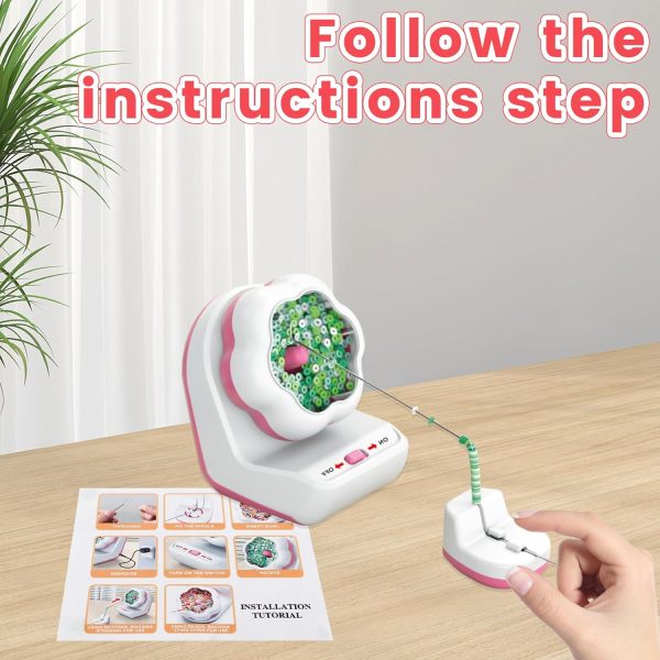 Electric Bead Spinner with Base,Automatically Clay Bead Spinner with 2 Needles Fast Beading Bead Spinner Machine Effortless Electric Bead Bowl Spinner for Jewelry Making DIY Bracelets Necklaces (Pink)-3