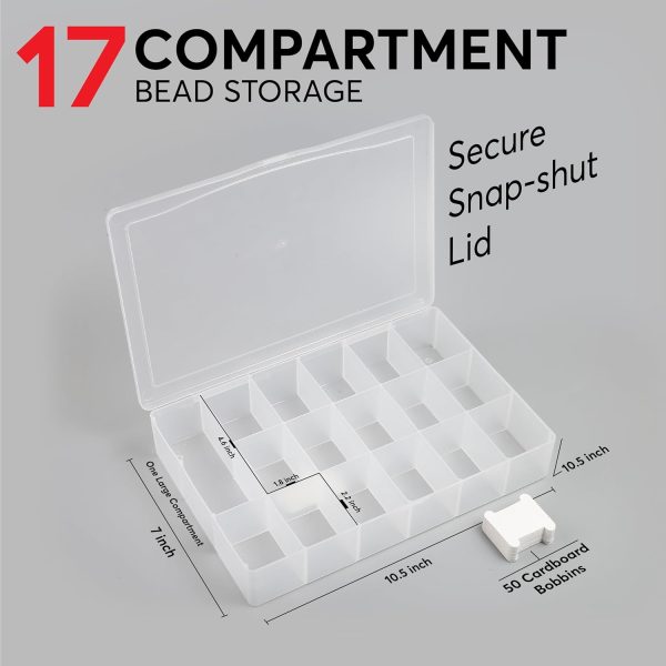 2PACK Embroidery Floss Organizer Box with 50 Cardboard Bobbins - 17 Compartments Clear embroidery thread and Beads organizer box, Snap-Tight Clear Sewing Organizer - Jewelry Bead Holder (Made in USA)-1