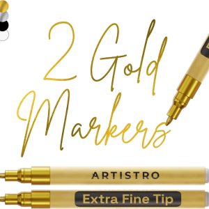 ARTISTRO 2 Gold Acrylic Paint Markers - 0.7mm Extra Fine-Tip Metallic Paint Pens - Perfect for Crafting, Art Projects, & More-0