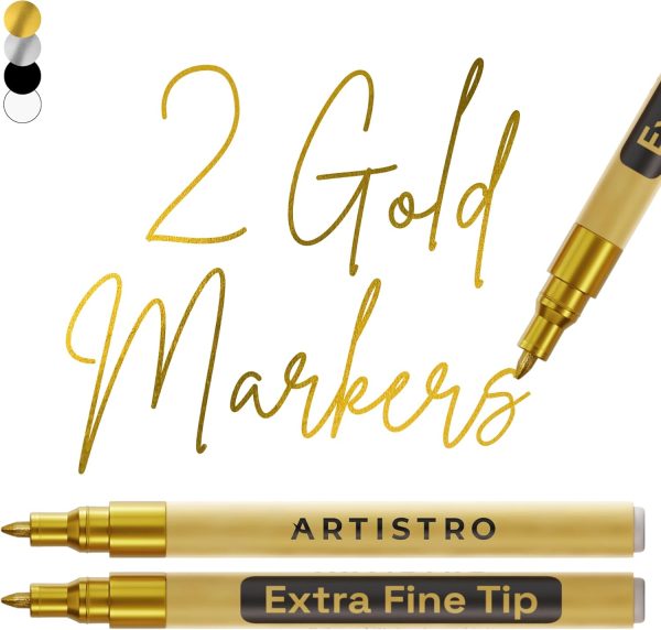 ARTISTRO 2 Gold Acrylic Paint Markers - 0.7mm Extra Fine-Tip Metallic Paint Pens - Perfect for Crafting, Art Projects, & More-0