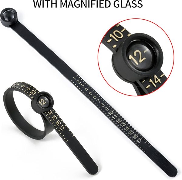 Bflaae Ring Sizer Measuring Tool Kit, 27 PCS Stainless Steel Measuring Ring Tool, US Ring Size 0-13 with Half Size, 2 PCS Reusable Finger Size Tape with Magnified Glass 1-17 USA Rings Size-3