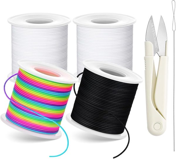 Stretchy Bracelet String Kit with Scissors & Beading Needle, 4 Rolls Elastic String for DIY Crafts, 1mm Stretchy Cord for Jewelry Making Sewing Necklace Beading, 660FT, (Black, White, Rainbow)-0