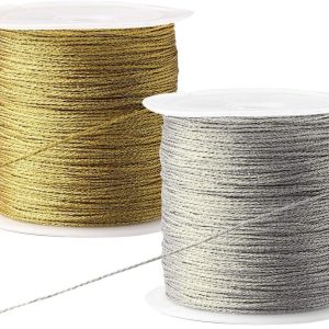 Pengxiaomei 218 Yards/656 Feet Metallic Cord 2 Pcs Spool Metallic Thread Colored Jewelry Thread Colored Craft Gold String Tinsel String Craft Making Cord for Gift Wrapping(0.5mm)-0