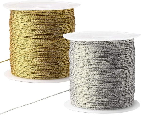 Pengxiaomei 218 Yards/656 Feet Metallic Cord 2 Pcs Spool Metallic Thread Colored Jewelry Thread Colored Craft Gold String Tinsel String Craft Making Cord for Gift Wrapping(0.5mm) metallica logo