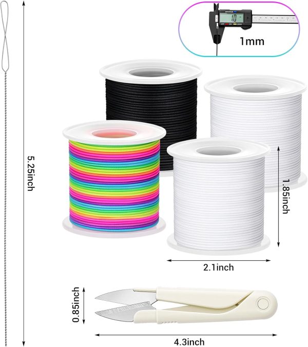 Stretchy Bracelet String Kit with Scissors & Beading Needle, 4 Rolls Elastic String for DIY Crafts, 1mm Stretchy Cord for Jewelry Making Sewing Necklace Beading, 660FT, (Black, White, Rainbow)-1