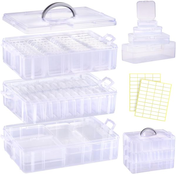 Funtopia Bead Organizers and Storage, 56 Pcs Small Plastic Containers with Lids and 3-Tier Stackable Storage Box, Mini Clear Organizers for Jewelry Toys Craft Storage (4 Sizes)-0