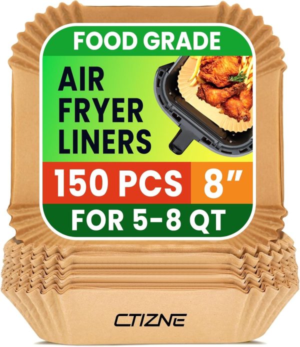 Air Fryer Liners Disposable, 150Pcs 8" Square [Food Grade Material] Unbleached Parchment Paper Liners Non-Stick & Waterproof Oilproof for 5-8 QT Airfryer Basket, Baking, Roasting Microwave, Oven-0