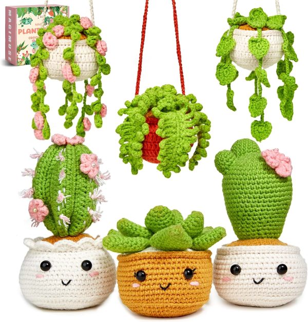 MAGIMUSE Crochet Kit for Beginners, Crochet Starter Kits, Amigurumi Craft Knitting Crocheting Kits with Step-by-Step Video Tutorials, 6 Pack Hanging Potted Plants Family(40%+ Yarn-0
