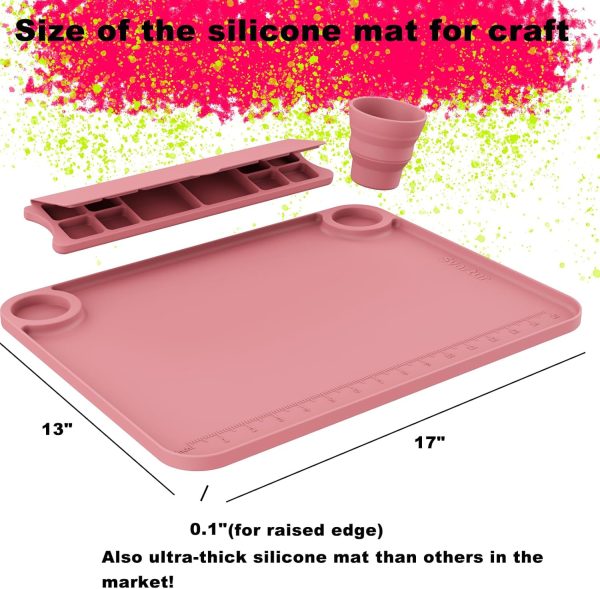 Silicone Art Mat - 17" X 13" With Cup and Palette, Raised Edge for Craft, Artist Creator Mat for Resin DIY, Coral Pink-1