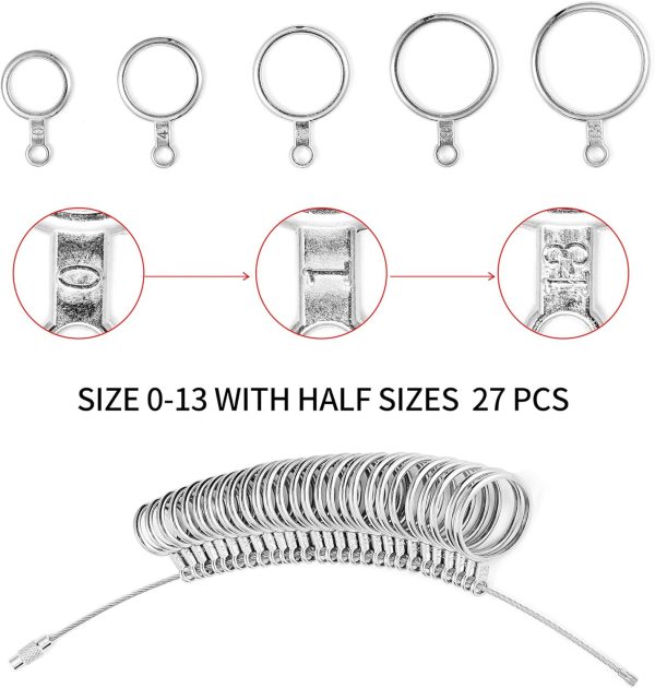 Bflaae Ring Sizer Measuring Tool Kit, 27 PCS Stainless Steel Measuring Ring Tool, US Ring Size 0-13 with Half Size, 2 PCS Reusable Finger Size Tape with Magnified Glass 1-17 USA Rings Size-1
