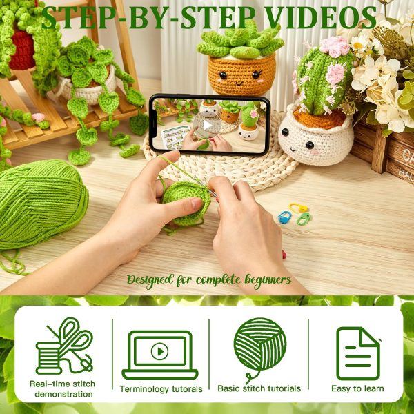 MAGIMUSE Crochet Kit for Beginners, Crochet Starter Kits, Amigurumi Craft Knitting Crocheting Kits with Step-by-Step Video Tutorials, 6 Pack Hanging Potted Plants Family(40%+ Yarn-3