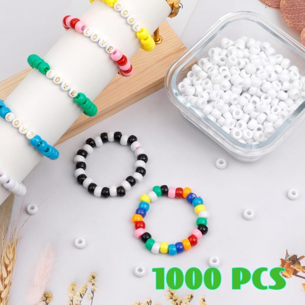 1000Pcs Pony Beads Bracelet 9mm White Plastic Barrel Pony Beads for Necklace,Hair Beads for Braids,Key Chain,Jewelry Making (White)-2