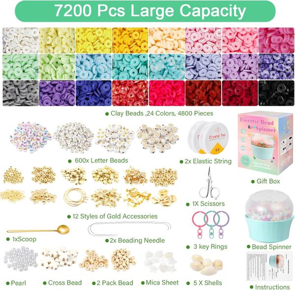 Hicdaw All-in-One Electric Bead Spinner with 7200 PCS Clay Beads for Necklaces and Bracelets, Efficient Jewelry Making Kit, Perfect Craft Gift for Teens Adults, Easy Operation, Quick Results, Green-4