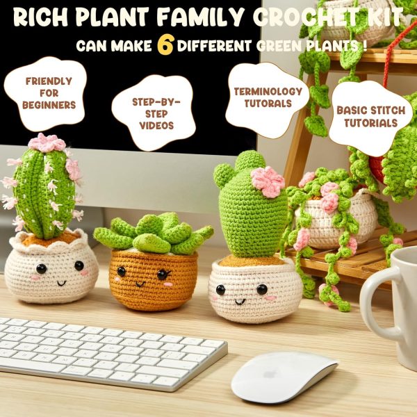 MAGIMUSE Crochet Kit for Beginners, Crochet Starter Kits, Amigurumi Craft Knitting Crocheting Kits with Step-by-Step Video Tutorials, 6 Pack Hanging Potted Plants Family(40%+ Yarn-4