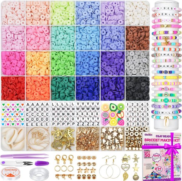 Gionlion 6000 Clay Beads Bracelet Making Kit, 24 Colors Flat Preppy Beads for Friendship Bracelets, Polymer Clay Bead with Charms for Jewelry Making, Crafts Gifts for Girls Ages 6-12-0