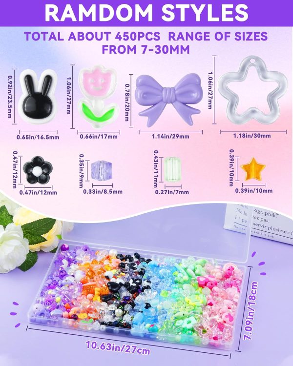450PCS FIVEIZERO Assorted Acrylic Beads for Bracelet Making, Flower Star Heart Butterfly Candy Gummy Bear Kawaii Aesthetic Cute Beads for Jewelry Making, Keychains, Necklace, Phone Charms, DIY Crafts-1