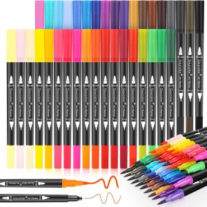 Soucolor Art Brush Markers Pens for Adult Coloring Books, 36 Colors Numbered Dual Tip (Brush and Fine Point) Marker Pen for Kids Note taking Planner Hand Lettering Calligraphy Drawing Journaling-0