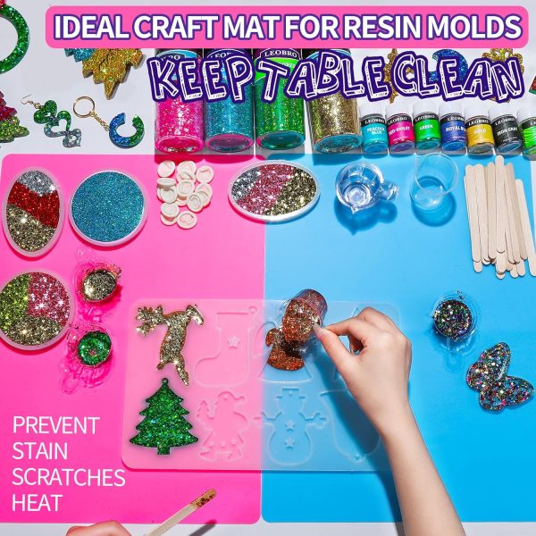 LEOBRO Silicone Mat for Resin Molds, 2 PCS 15.7" x 11.7" Playdough Mat, Silicone Mats for Crafts, Jewelry Resin Molds Mats, for Resin, Clay, Paint, Blue & Rose Red-4