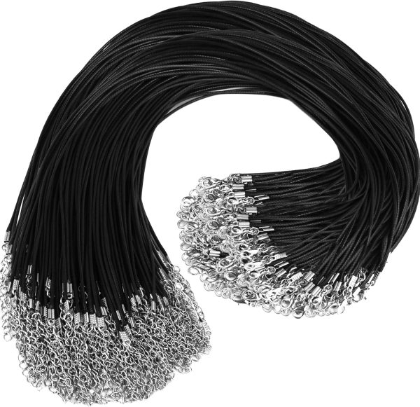 100Pcs Premium Leather Necklace Chains Bracelet Cord with Clasps for Pendants, Bulk Waxed Rope Necklace String, Black , 18" for Jewelry Making Supplies, 1.5mm DHOOZ-0